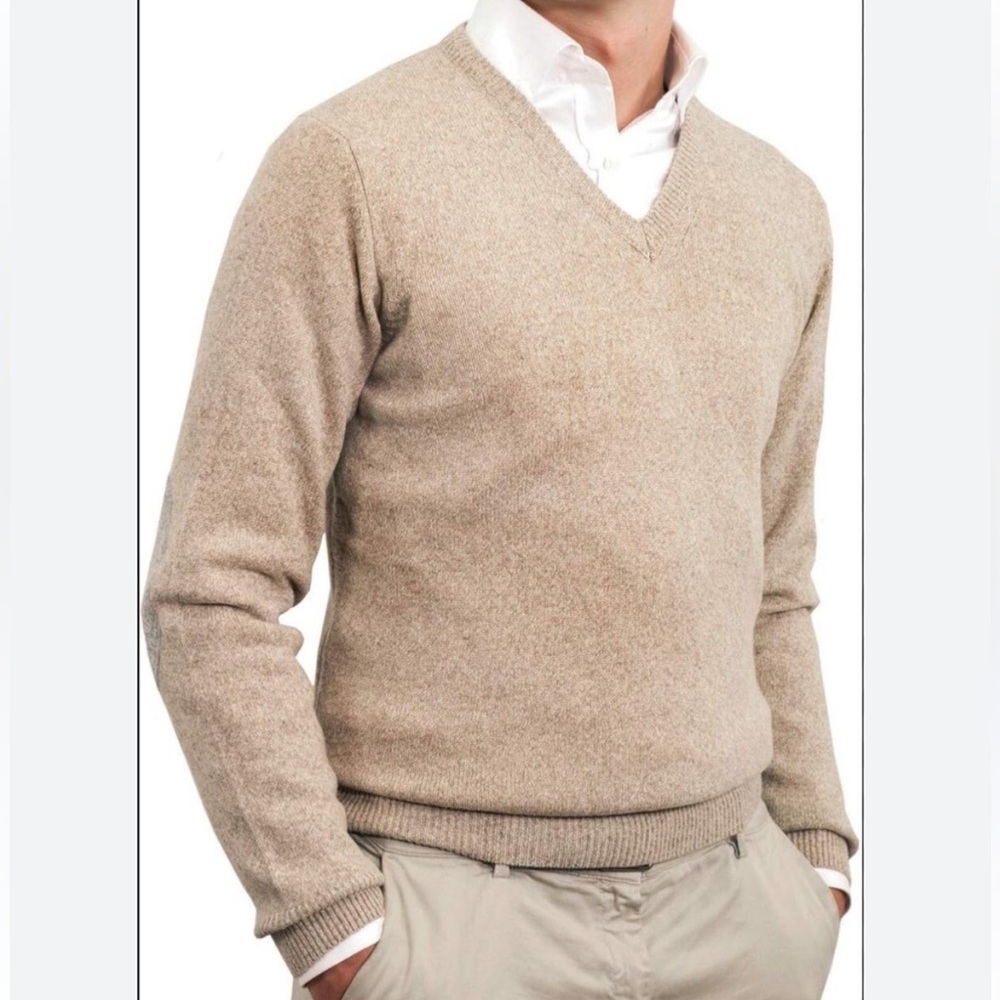 Black Brown 1826 100% Cashmere V-Neck Beige Marled Sweater Large
